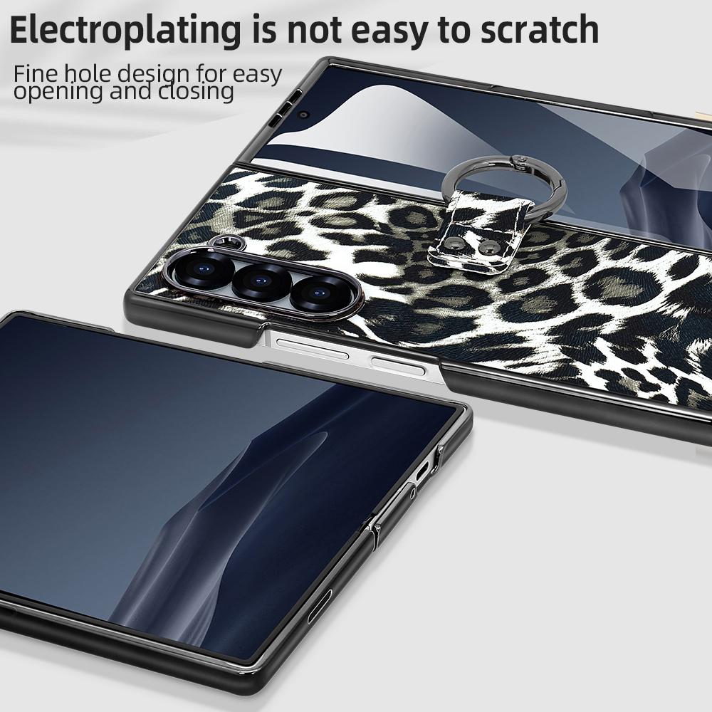 For Samsung Galaxy Z Fold6 5G Case Leopard Pattern PU PC Phone Cover with Tempered Glass Film/Ring Holder