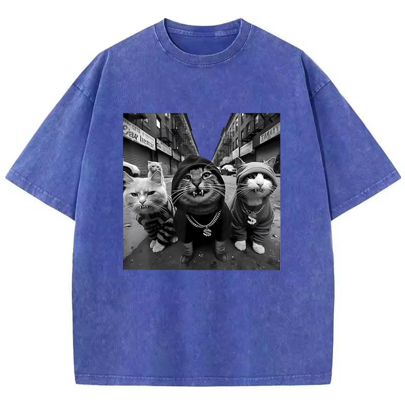 Streetwear Cat Hip Hop T Shirt Vintage Washed Cotton T-Shirt Graphic Tee Casual Streetwear Spring Summer Tee