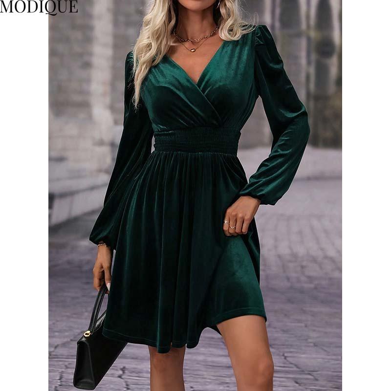 MODIQUE 2025 Spring New Women's Elegant Corduroy Solid Color Lantern Sleeves Elastic Waist Pleated Short Dress Ladies Casual A-Line V-Neck Dress