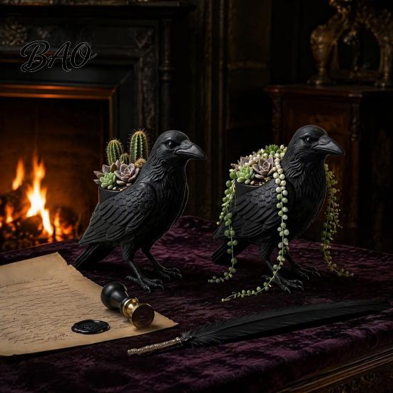 Weather Resistant Planter Crow Succulent Pot, Gothic Raven Plants Holder, Black Bird Pot for Home Decor, Desktop Landscaping Accessory Decorative