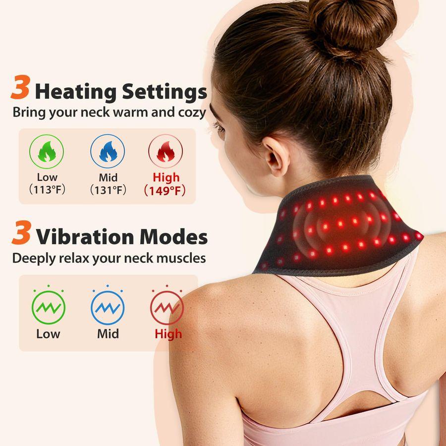 Heating Pad with Massage, Heating Neck Wrap with 660nm 850nm Red Light, with 3000mAh Rechargeable, 3 Levels Heat & 3 Vibrati