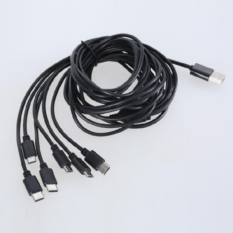 Efficient USB Charging Wire Male Power Cord for Six Devices Simultaneously with USB 5Pin and Type C Output Connectors