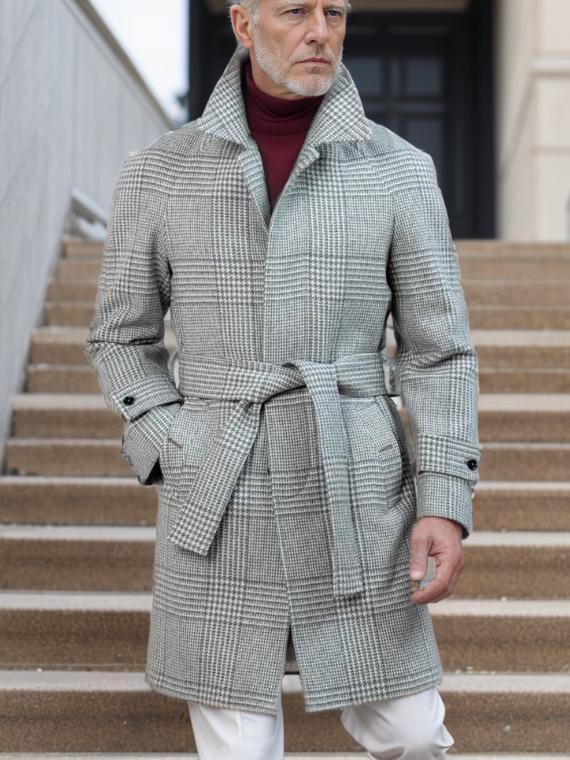 Men s Plaid Woolen Raglan Coat with Belt - Mid-Length Lapel Design for Autumn/Winter Extra Large