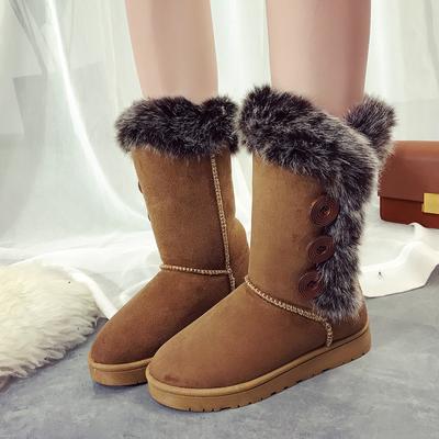 Mode Pelz Braun Winter High Top Damen Winter Mid-Calf Stiefel Runde Zehe Kurzer Plüsch Flock Weiblich Knopf Winter Schneestiefel