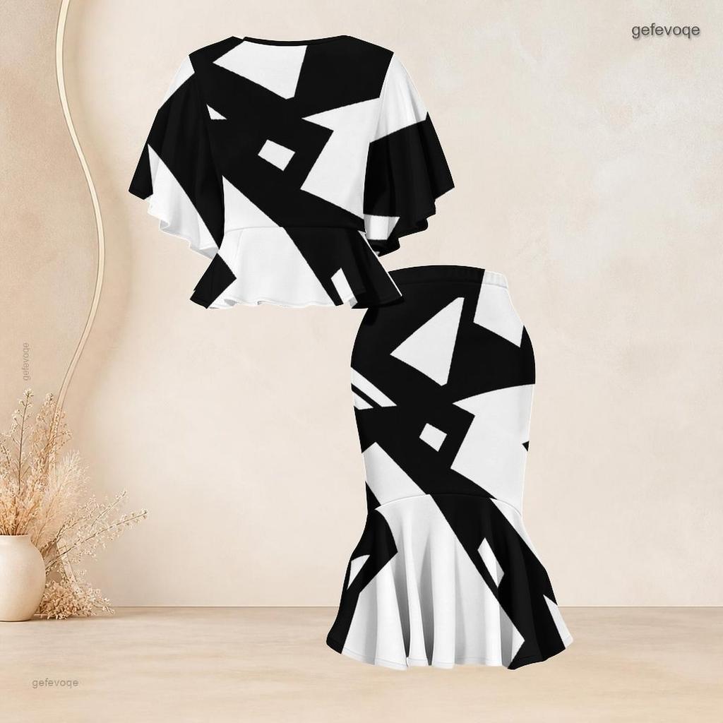 Women Plus Size Two Piece Set Round Neck Batwing Sleeve Black White Printed Ruffle Hem Top Fishtail Skirt