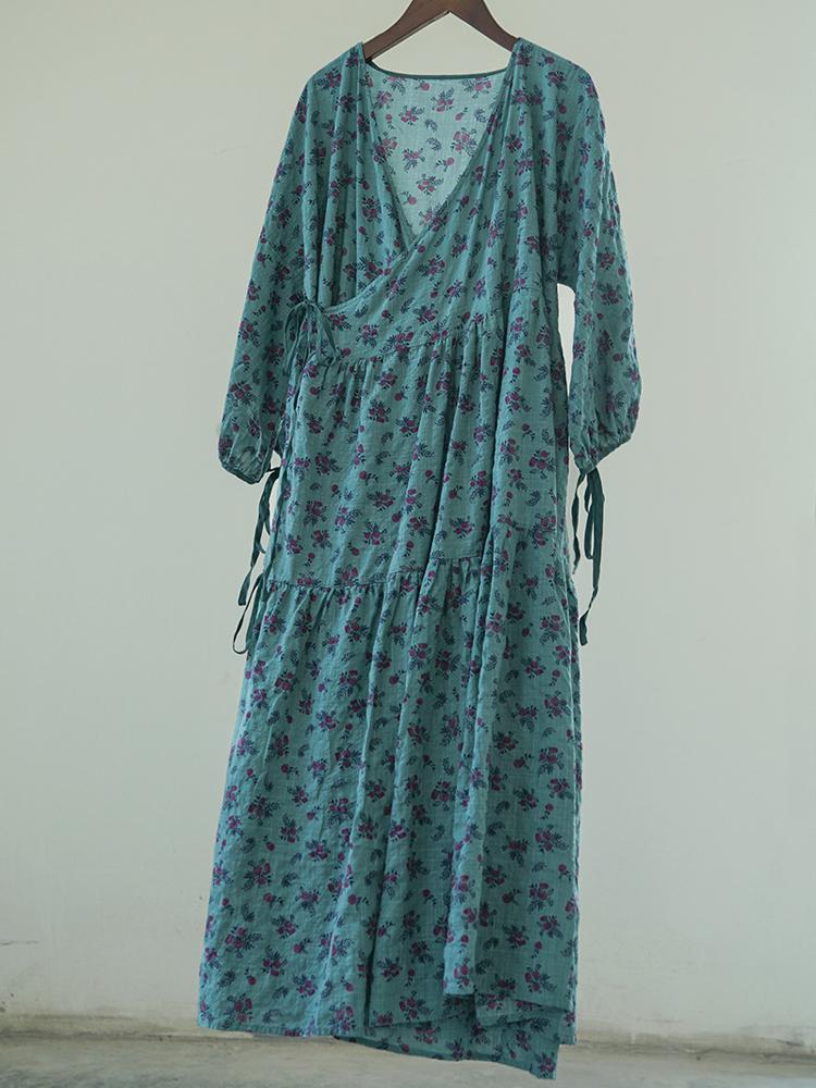 

Johnature женские платья в китайском стиле с цветочным принтом, бандажные халаты, осеннее мягкое хлопковое платье с пышными рукавами One Size синий