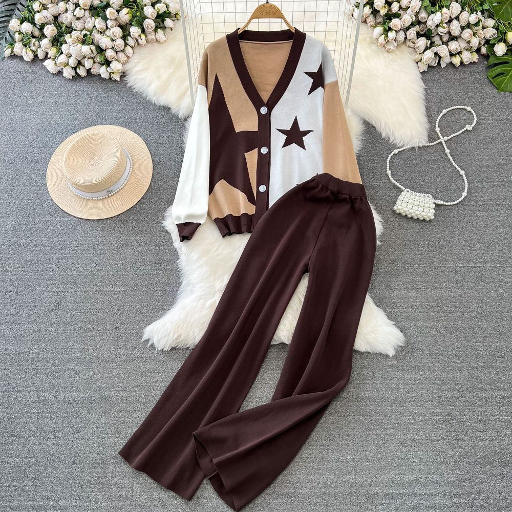 Fashion Suit for Women, Like Long-sleeved V-neck Single-breasted Knitted Jacquard Jacket, Two-piece Set of High-waisted and Thin Wide-leg Pants.