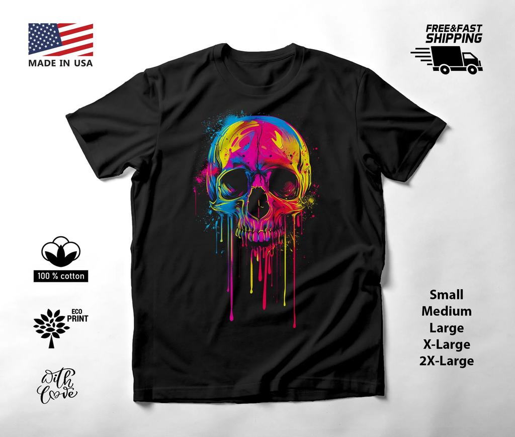 Colorful Skull Neon Graphic T-Shirt Black Unisex S-2XL
