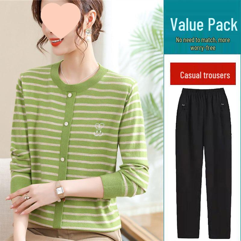 Mom's 2025 Autumn Striped Long-Sleeve Knit Sweater for Middle-Aged & Elderly Women