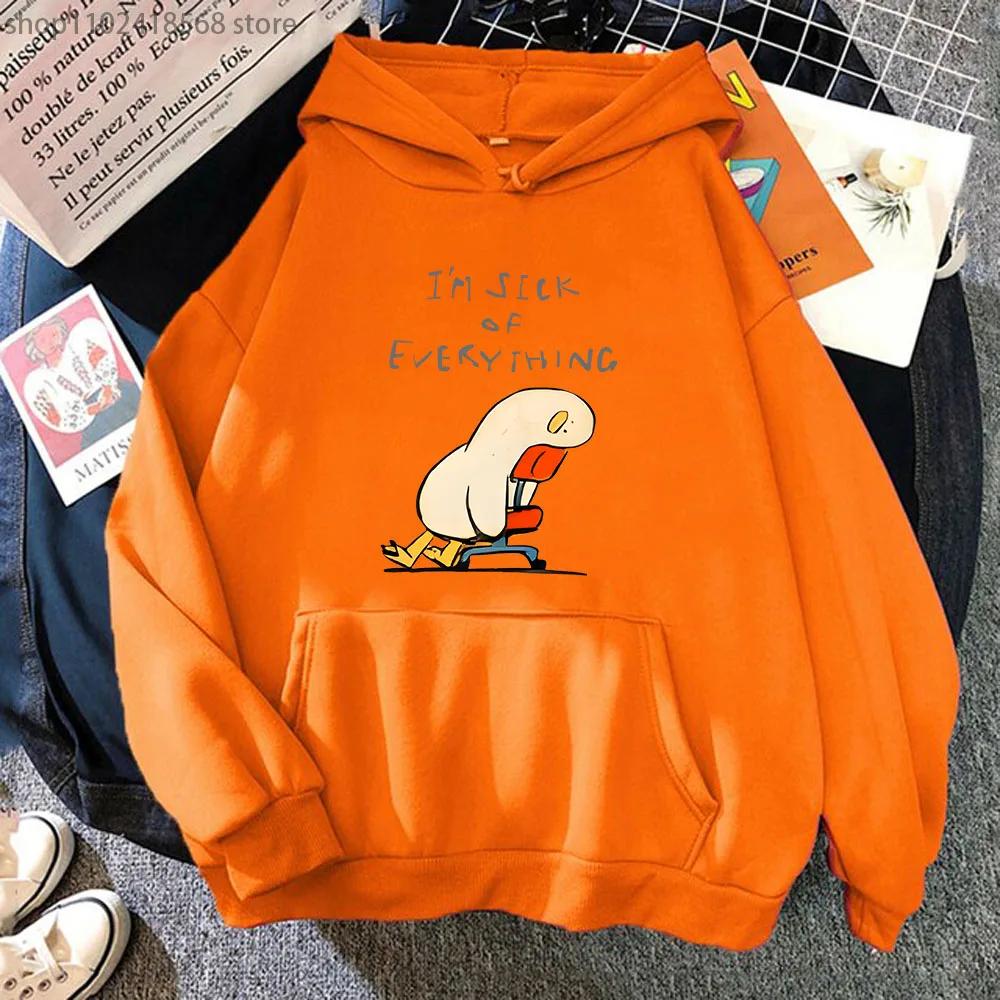 Duck I'm Sick of Everything Hoodies Cartoon Anime Graphic Sweatshirt with Hooded Long Sleeve Sudadera Women Men Tops