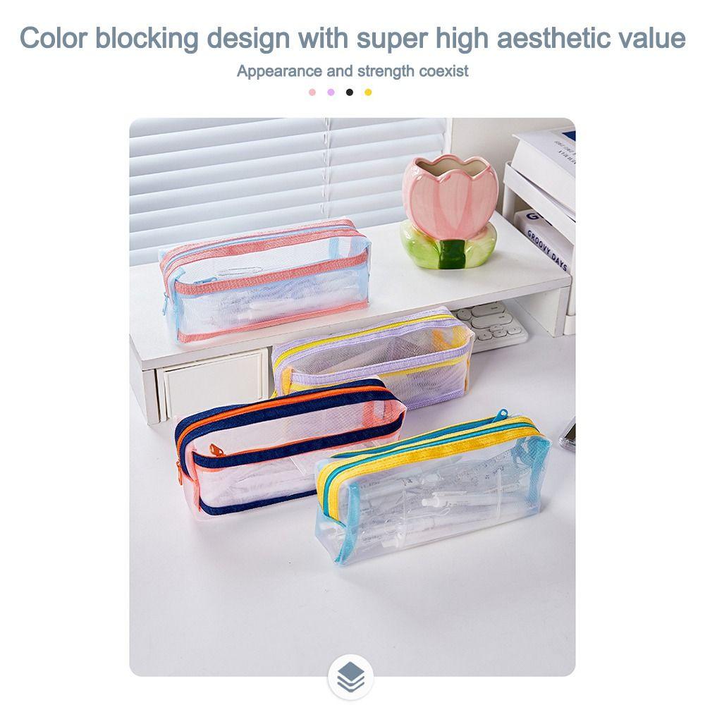 Mesh Pencil Case Multilayer Pen Box Simple Stationery Storage Bags  Student