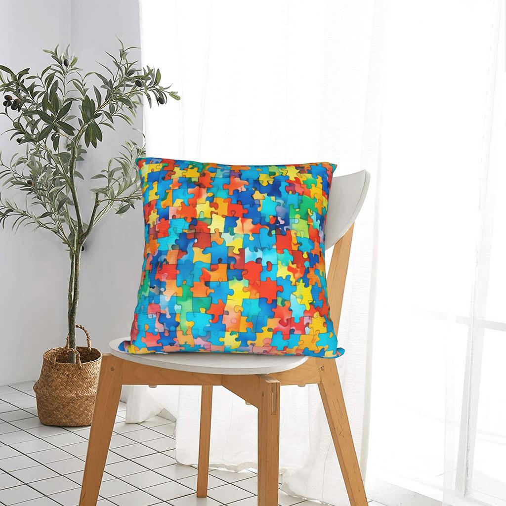 Watercolor Autism Puzzle Seamless Pattern Pillow Case Print Pillow Cover Funny Cushion Cover For Sofa Home Decor