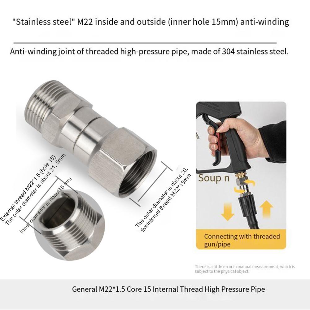 Stainless Steel Pressure Washer Swivel Connector M22 15mm Hose Fitting for High Pressure Cleaning Hoses and Car Wash Tools