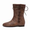 Women Mid Calf Boots Retro Cross Straps Flats Elegant Boots Spring Autumn Lace-Up Boots Party Shoes Round Toe Flat Booties Botas