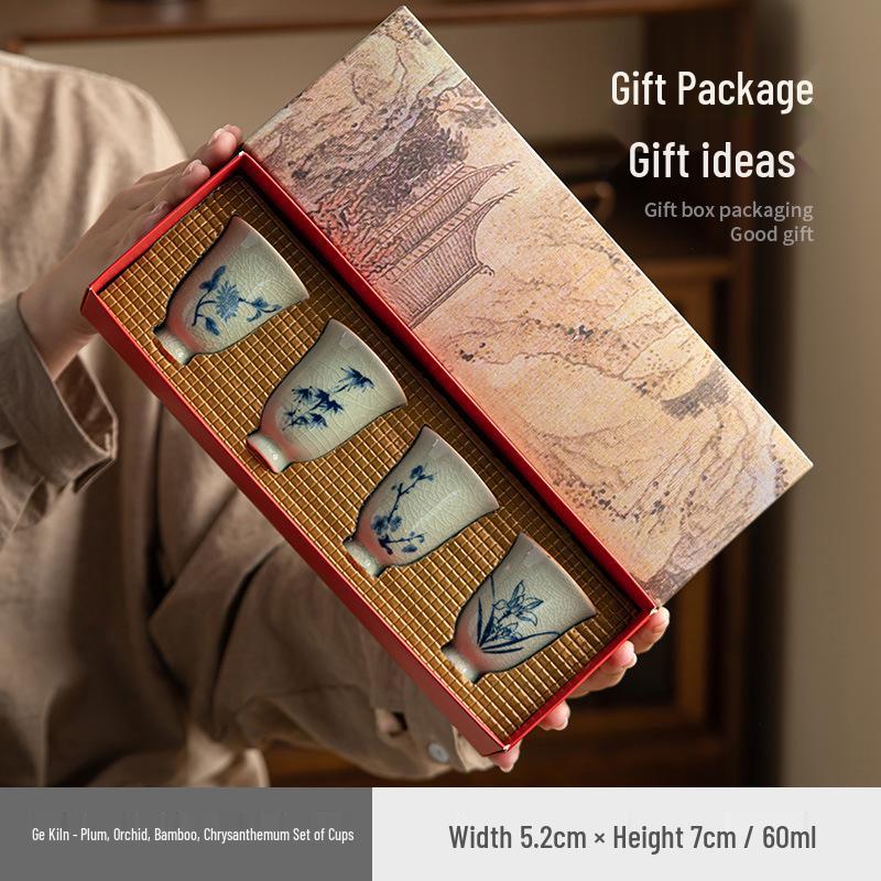 Ge Kiln Crackled Teacup Gift Set – Ice Crack Design with Plum, Orchid, Bamboo, Chrysanthemum Motifs.