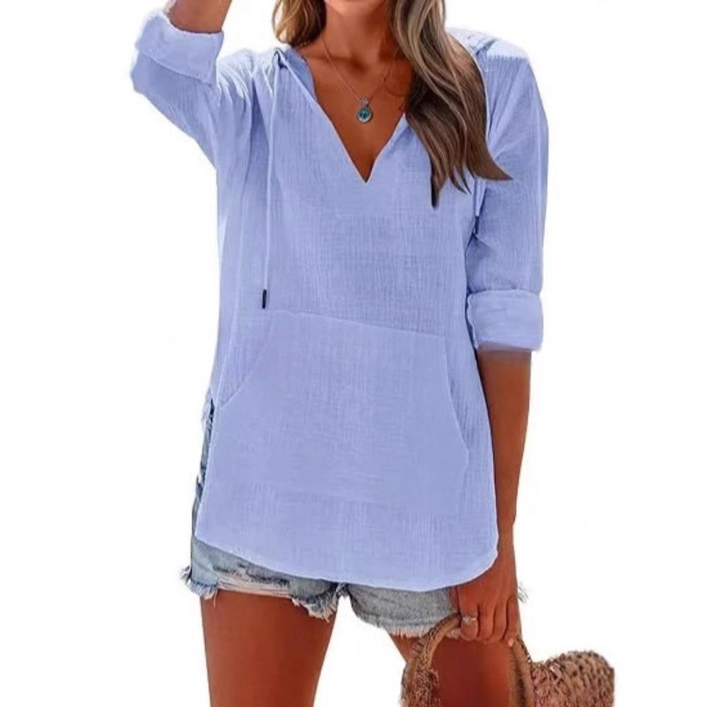 Spring and Summer Beach Cover-Up Hooded Long-Sleeved V-Neck Pockets Hooded Shirt for Women