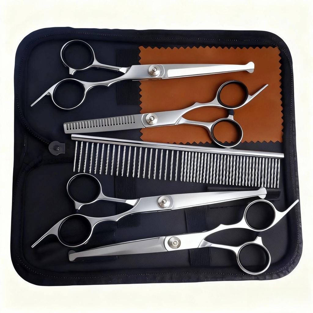 Portable Pet Grooming Scissor Set: Flat & Curved Hairdressing Tools