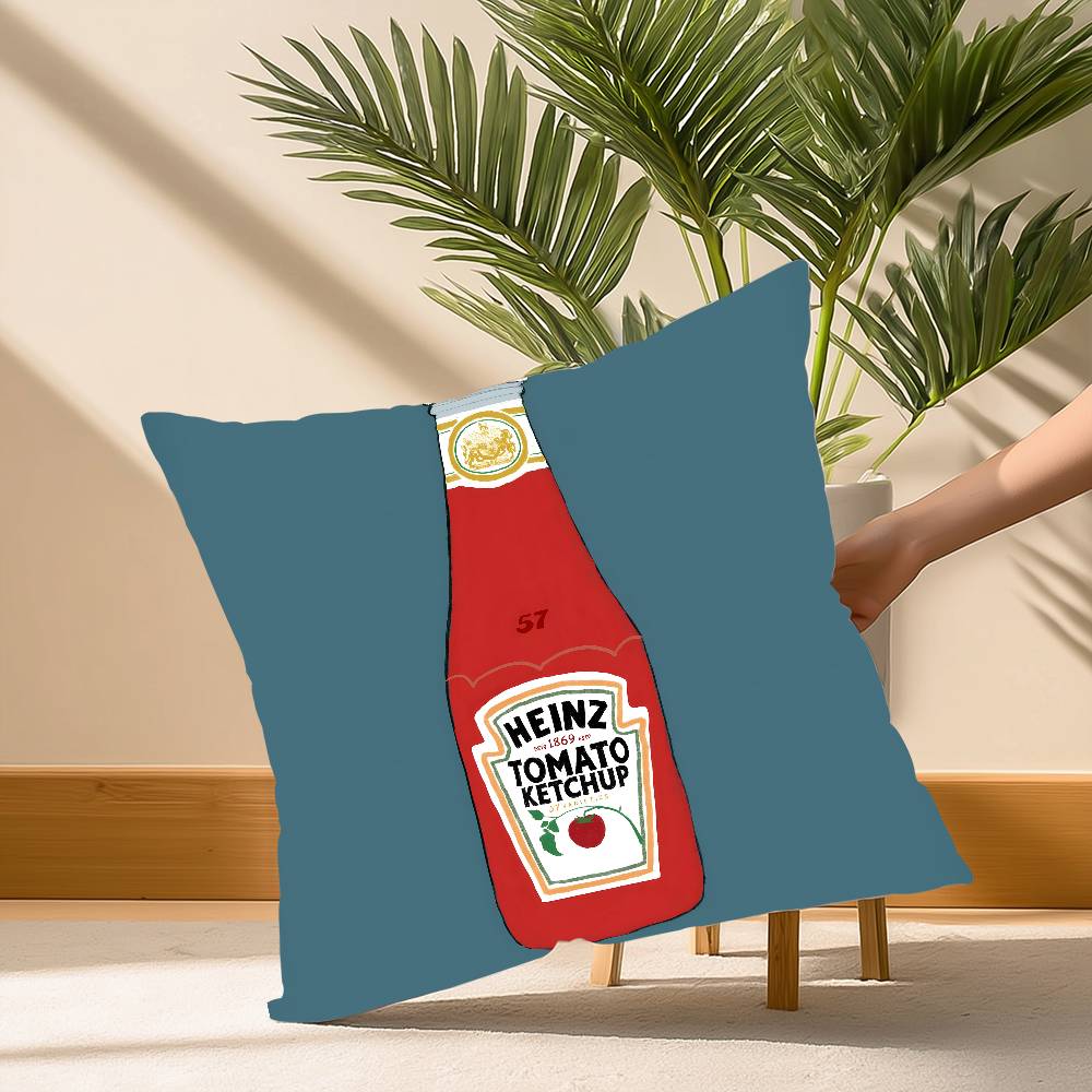 Funny H-heinzS Ketchup Label Pillow Case Soft Plush Fabric Double Sided Print Decorative Home Living Room Gift Cushion