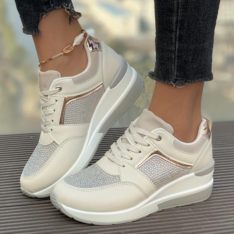 Spring and autumn new color matching lace-up wedge heel platform women's single shoes large size rhinestone sports and leisure shoes women
