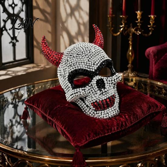 Unique Halloween Event Mask Rhinestone Mask, Sparkly Faux Crystal Demon Horn Masquerade Breathable Face Lightweight Full Cosplay Prop for Party