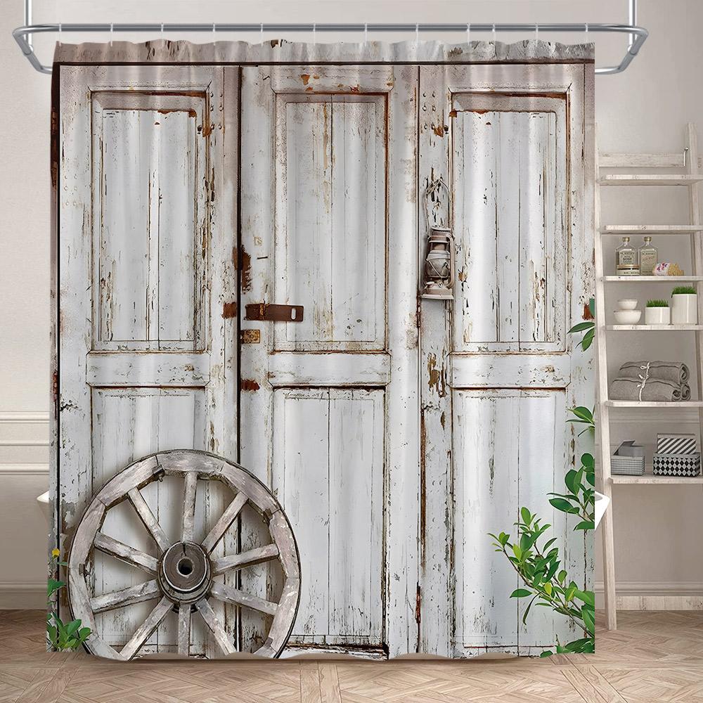 Vintage Bauernscheune Holztür Duschvorhänge Retro Texasstern Braun Weiß Holzbrett Badevorhang Set Polyester Badezimmer Dekor
