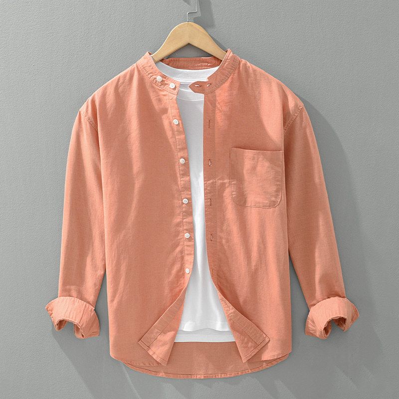 Japanese-Style Casual Cotton-Linen Stand-Collar Long-Sleeve Shirt for Men, Loose and Breathable Linen Top for Spring and Autumn