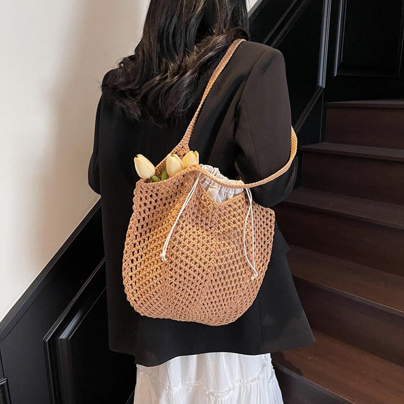 Yogodlns Summer Beach Woven Tote Bag For Women Hollow-out Lightweight Large Capacity Shopper Shoulder Bag with Inner