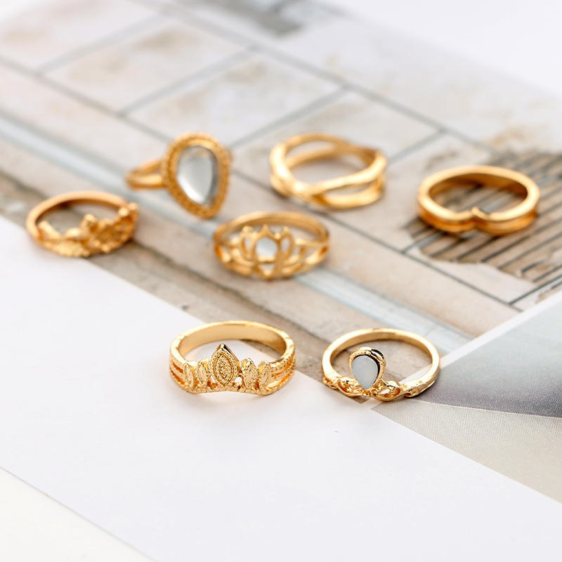 

7 шт. / Набор Новое поступление Цветочный драгоценный камень Резной комплект колец Богемные винтажные украшения Женские аксессуары розового золота