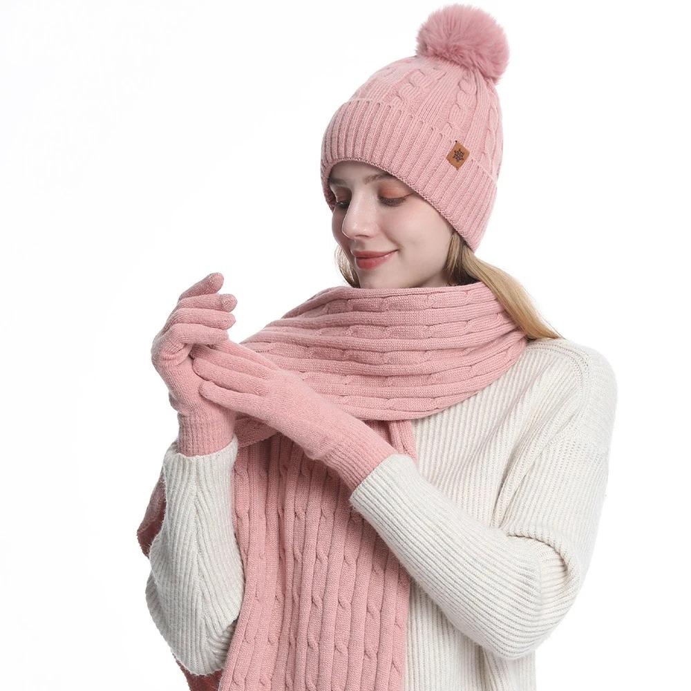 Winter Hat Beanie Long Scarf Touchscreen Gloves Set 3Pcs Soft Thick Fleece Lined Gloves Skull Cap Scarf Set for Women Men