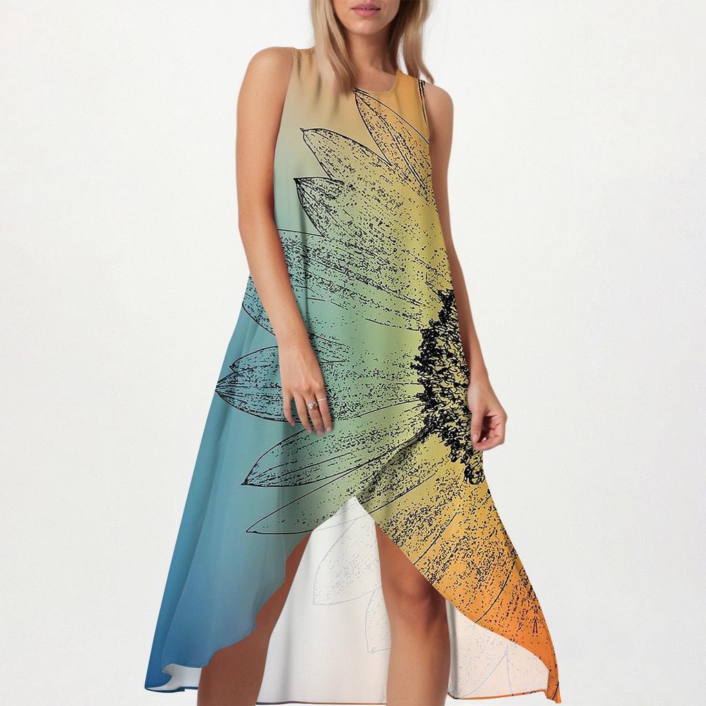 Women's Loose Casual Fashion Square Round Neck Solid Color Dress Beach Skirt Slit Side Sleeveless Cotton And Linen Skirt