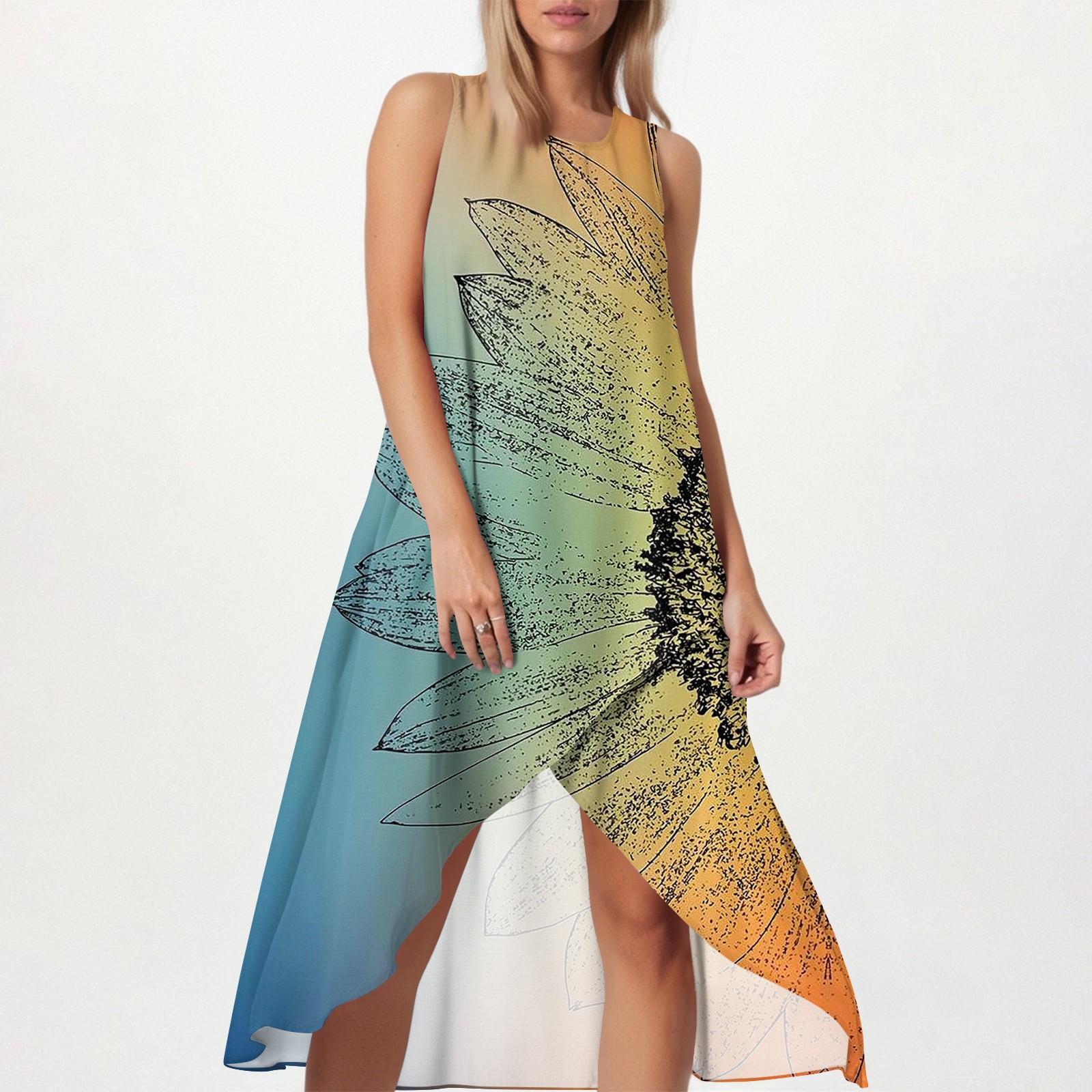 

Женское свободное повседневное модное платье с квадратным круглым вырезом, однотонное, пляжная юбка с разрезом сбоку, без рукавов, юбка из хлопка и льна M синий