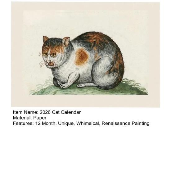 Pisici Urate în Picturi Renascentiste Calendar 2026 Pisici Medievale Amuzante Calendar de Perete Vintage Planificator 12 Luni Artă de Perete cu Pisici Renascentiste Ciudate pentru Pisici