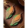 1 Pair Western Bohemian Style Leopard Print & Green-Brown Colorblock 3-Layer S-Shaped Leaf PU Leather Dangle Earrings