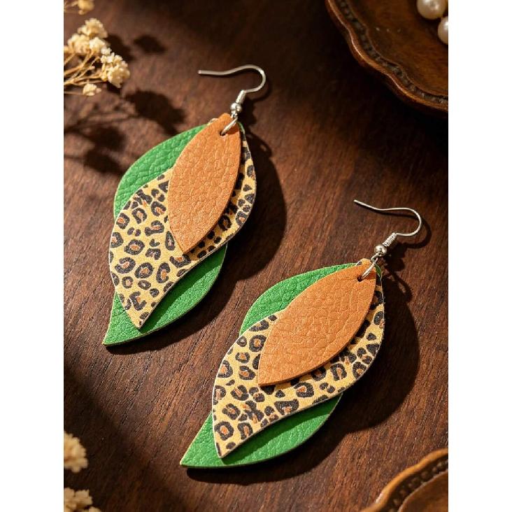 1 Pair Western Bohemian Style Leopard Print & Green-Brown Colorblock 3-Layer S-Shaped Leaf PU Leather Dangle Earrings