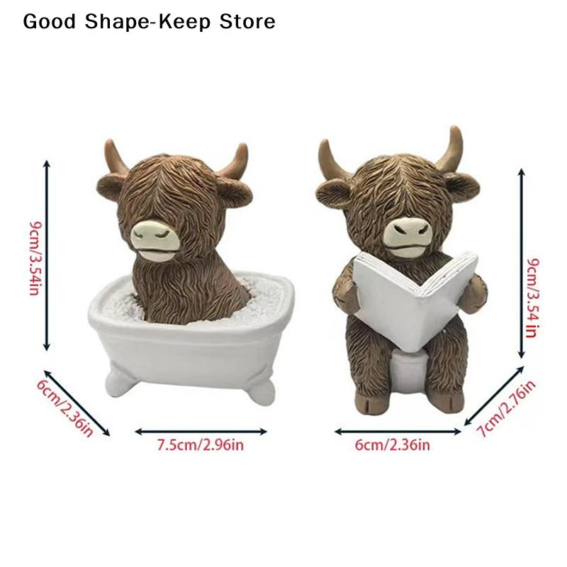 Cute Reading Cow Statue Scottish Highland Cow Resin Figurines Funny Bathing & Desk Decoration Home Bathroom Office Holiday Gift