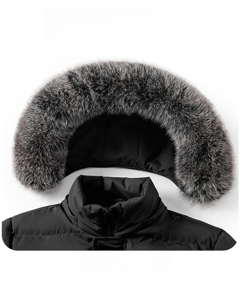 Large Size Medium-length Cotton Jacket Men's Winter Removable Hooded Cotton Jacket Thickened Large Hair Collar Cotton Jacket Coat Solid Color