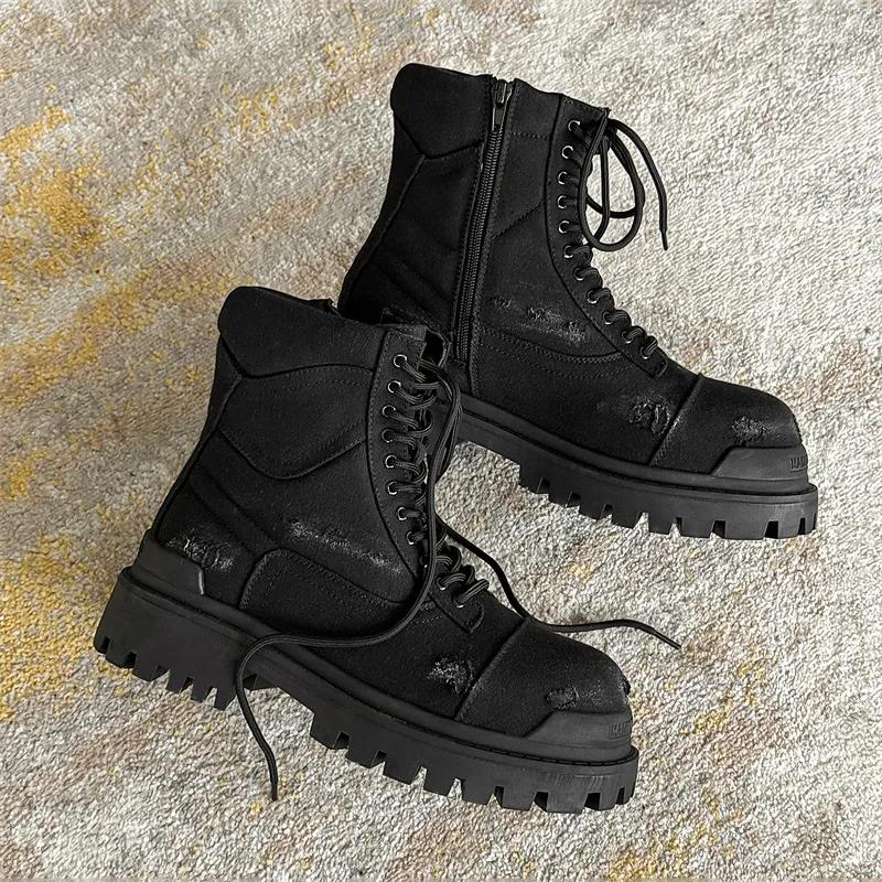 Autumn Winter High-top Motorcycle Boots for Men Lace-up Do-the-old Thick Bottom Short Ankle Boots with Zipper Man Black Boots