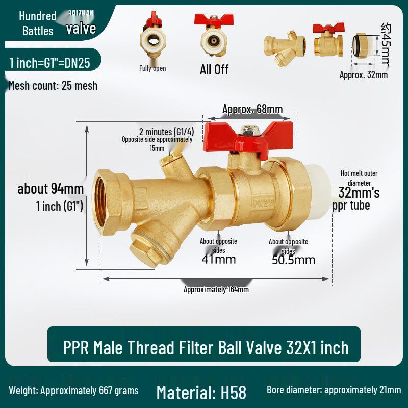 All-Copper PPR Male Thread Double Union Ball Valve for Water Pipes - Compatible with 4, 6, 20, 25, and 32 Points.