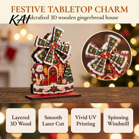Holiday Seasonal Room Decor Christmas Windmill Wooden Ornament, Decorative Craft with Rotating Ornament Blades, Handmade Figurine for Home Tabletop