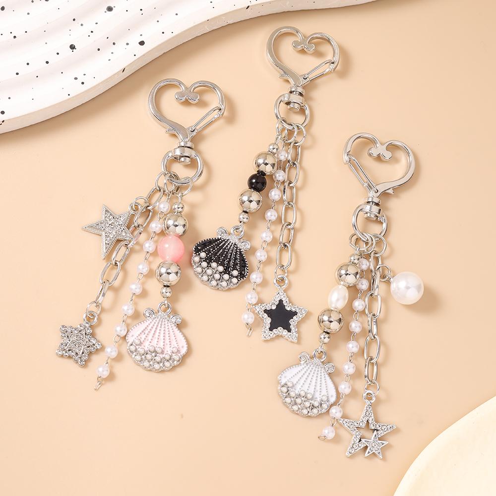 Pretty Crystal Star Shell Star Keychain Pearl Beads Key Ring Pendant for Women Girls Handbag Decor DIY Key Chain Jewelry Gifts