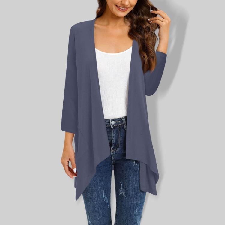 Gradient Print Women's Cardigan Jacket With Pocket Irregular Three Quarter Sleeve