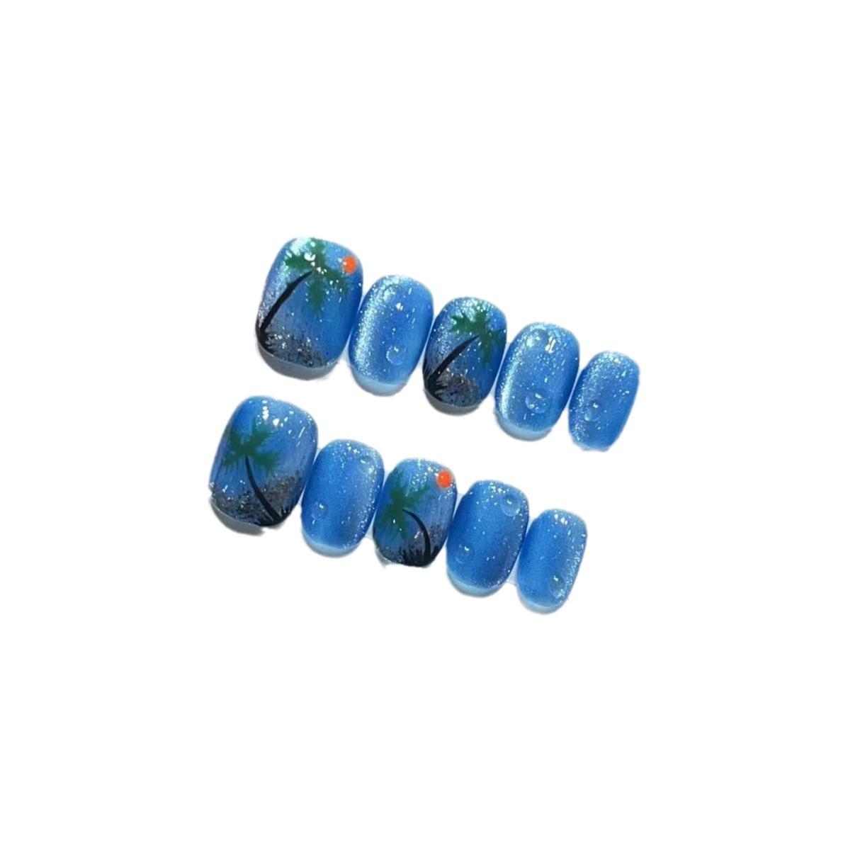 

Синий кошачий глаз Ins Дофамин Милый маникюр с кокосовой пальмой Съемная накладка для ногтей Large L