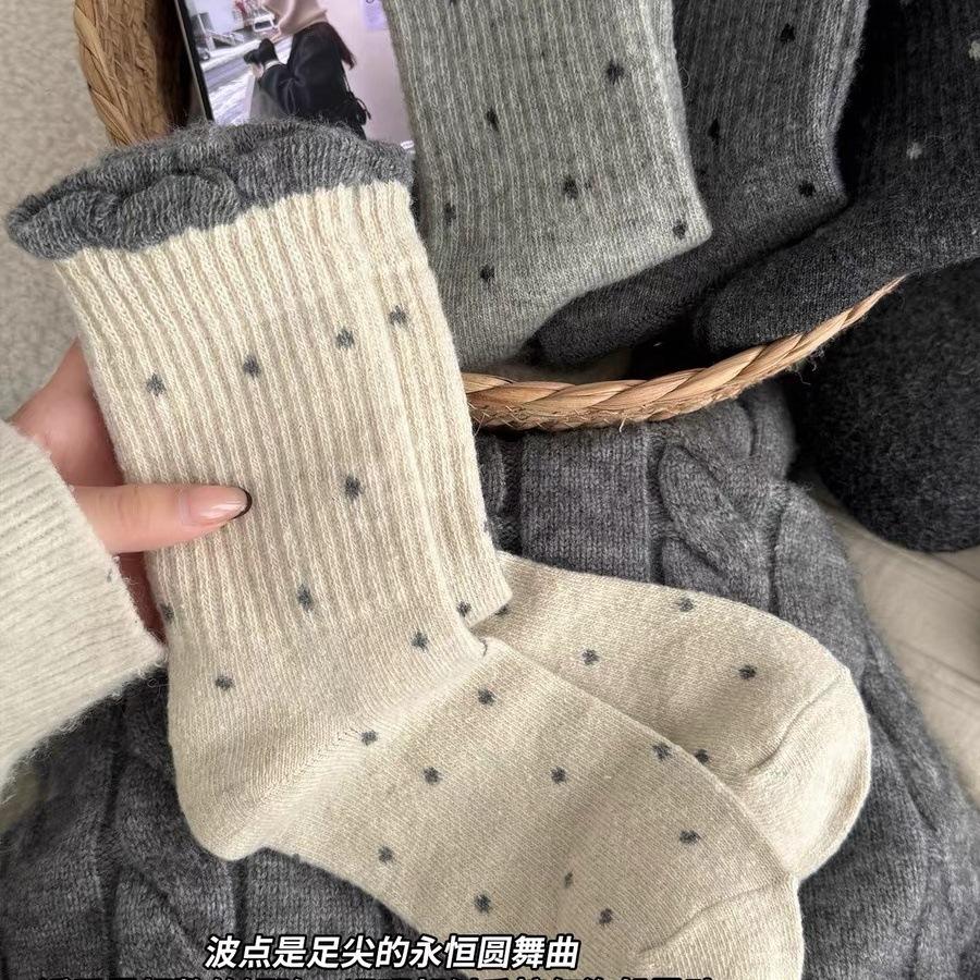 Polka Dot Wool Socks Season Gray Socks Thickened Warm Cashmere Cotton Socks Vintage Lace Stockings