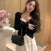Elegant Vintage Knitted Outwear Blouse Women French Casual Korean Style Short Sweater Long Sleeve Y2k Slim Pullover Female 27289
