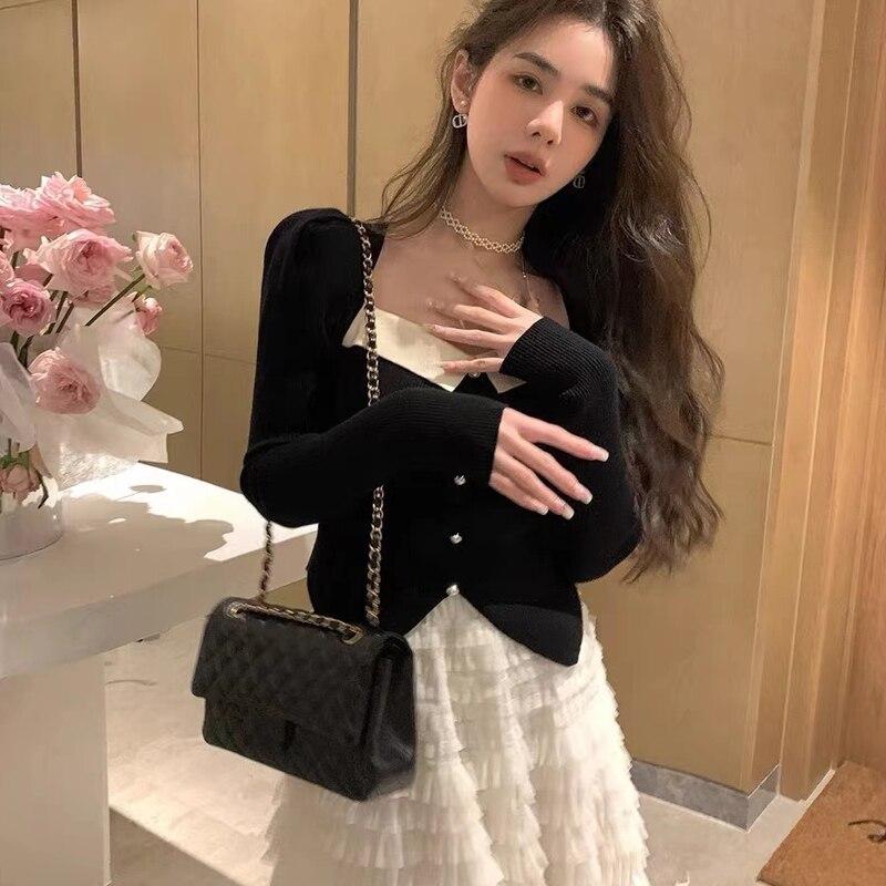 Elegant Vintage Knitted Outwear Blouse Women French Casual Korean Style Short Sweater Long Sleeve Y2k Slim Pullover Female 27289