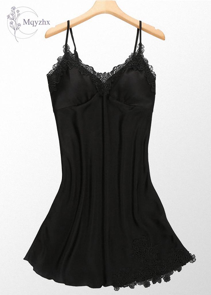Sexy Slip Babydoll Lingerie Camisole Dress Chest Padded Temptation Underwear Silk Inner Plain Room Wear Women Adults [Mqyzhx] (L, Black)