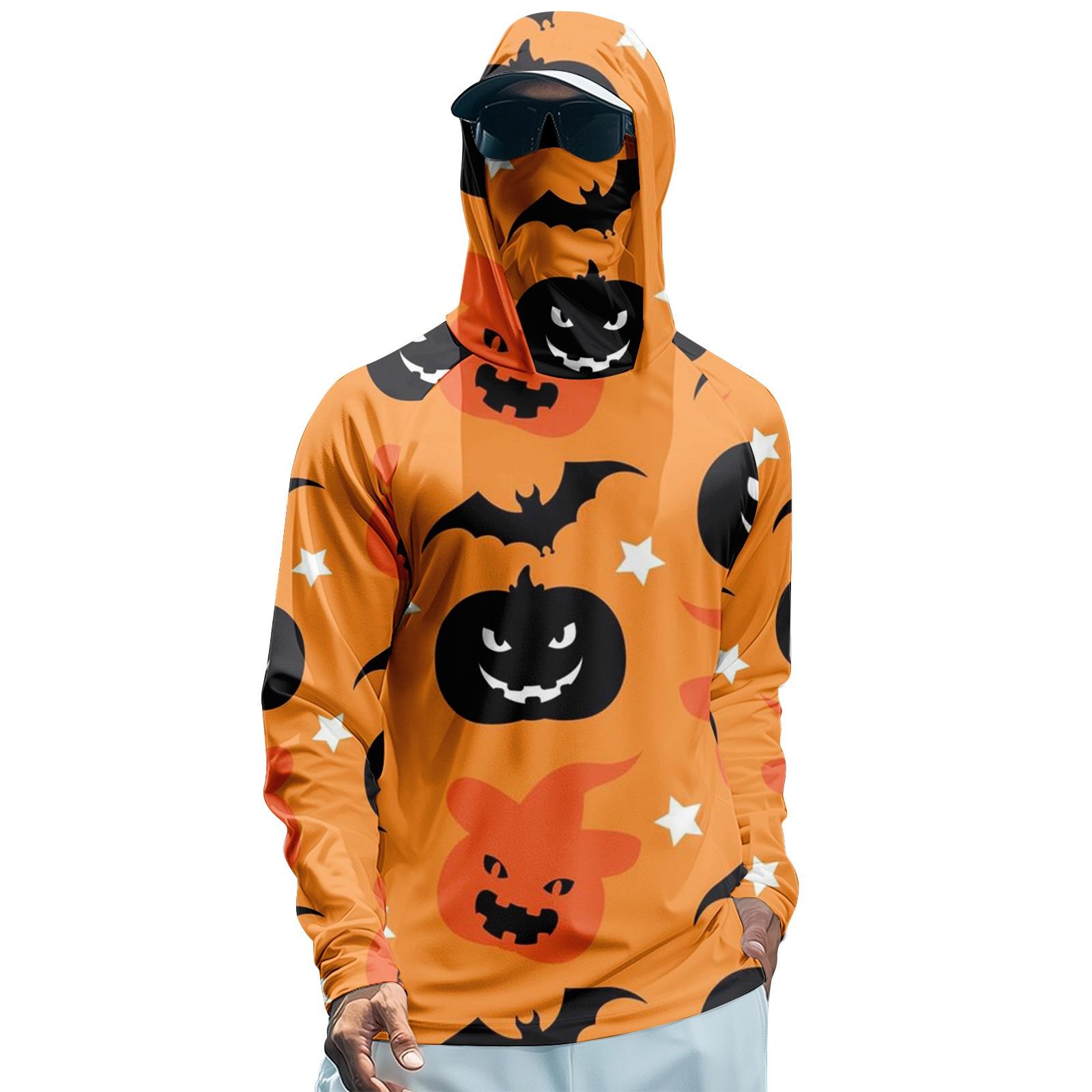 

Мужская худи реглан для рыбалки с принтами на Хэллоуин - UPF 50+ УФ защита, длинный рукав, солнцезащитная рубашка с сетчатым козырьком XL