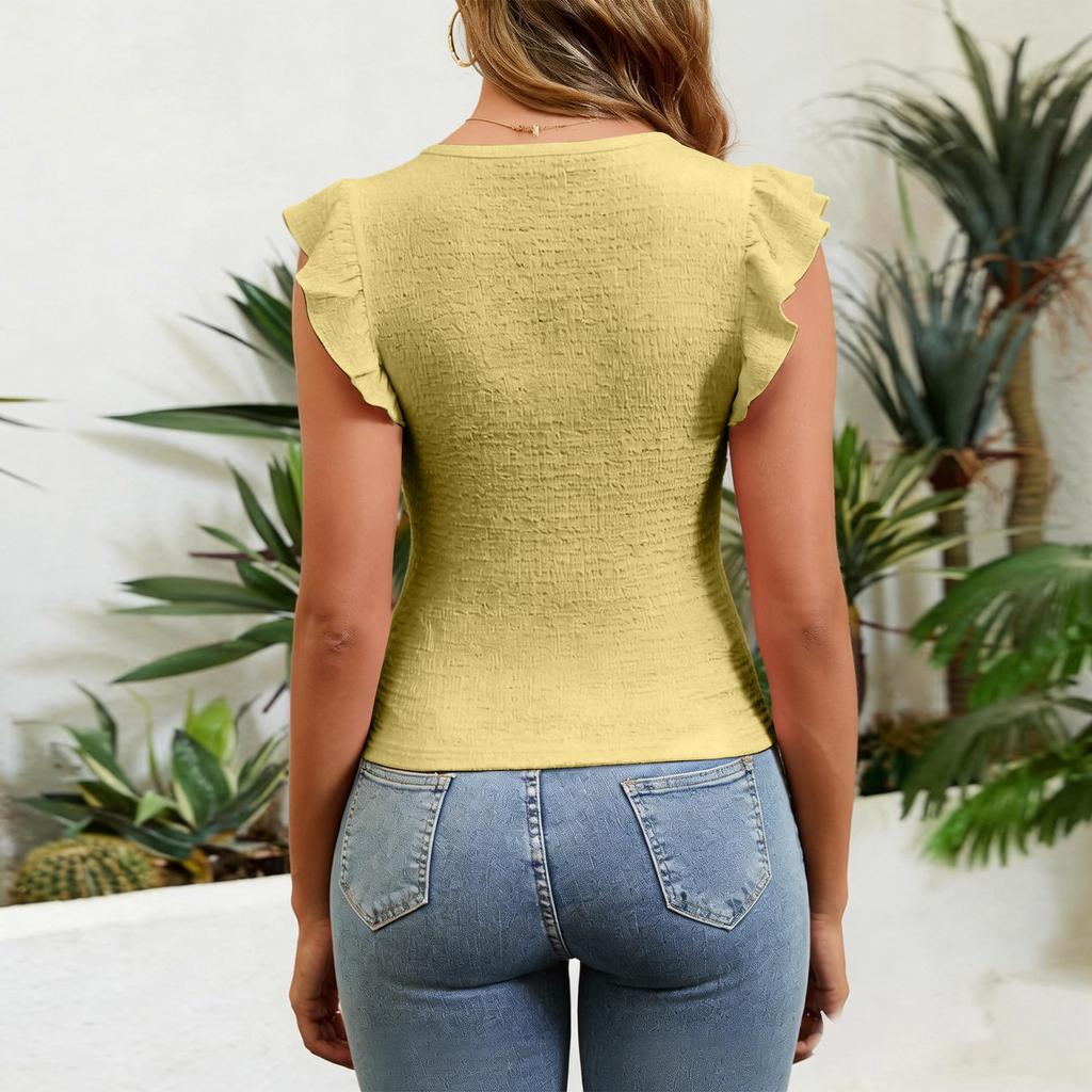 Modische Damen Freizeit Bluse mit Blattärmeln V-Ausschnitt Kordelzug Top