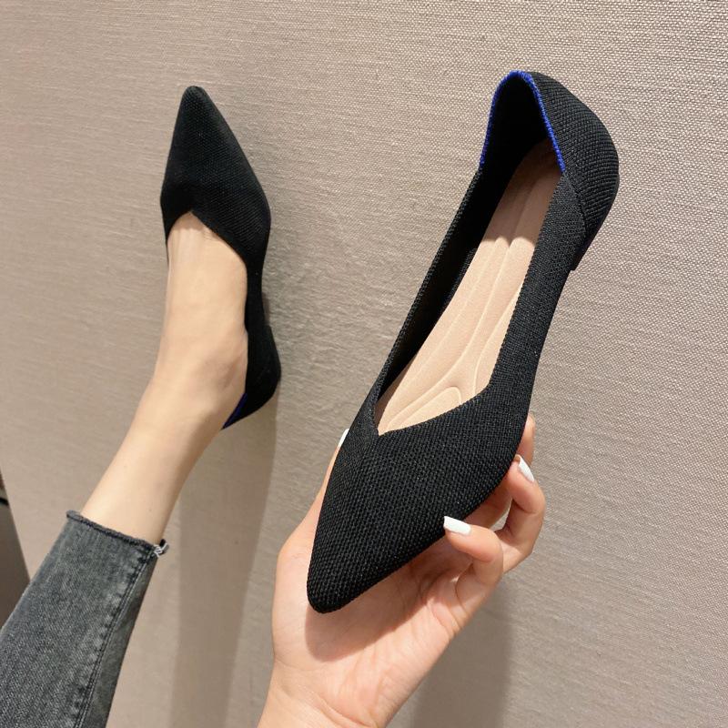 Flying woven single shoes women's spring and autumn new comfortable soft sole shallow mouth pointed flat bottom professional work shoes