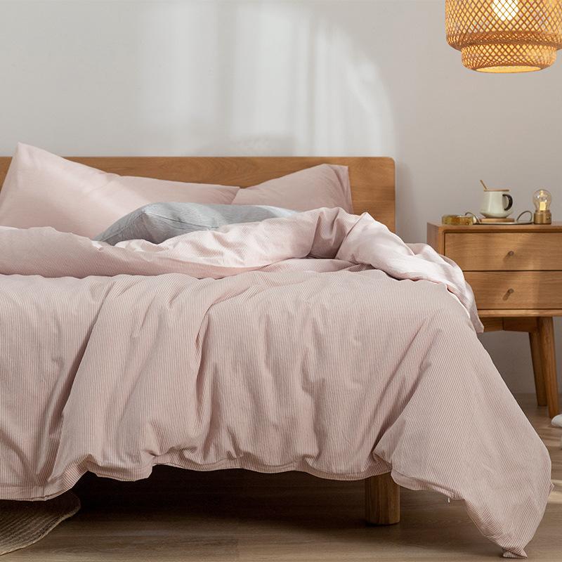 

Скандинавские Толстые Хлопковые Однотонные Комплекты Постельного Белья Всесезонные Универсальные Полосатые Принтованные Комплекты Пододеяльников Кинг Квин Двуспальное Постельное Белье 1.5-1.8m 4pcs set розовый